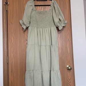 Bohme Sage Green Smocked Midi Dress